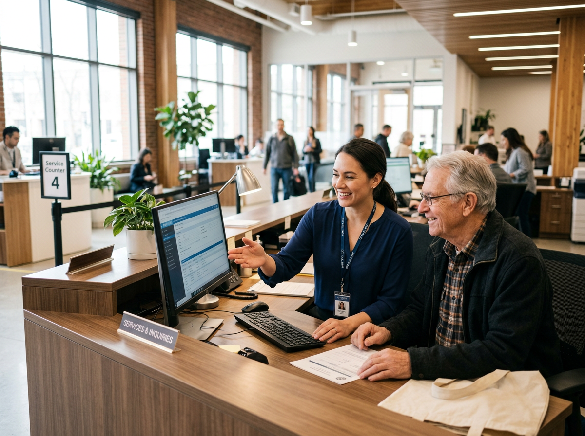 A city employee helping a resident at a service counter